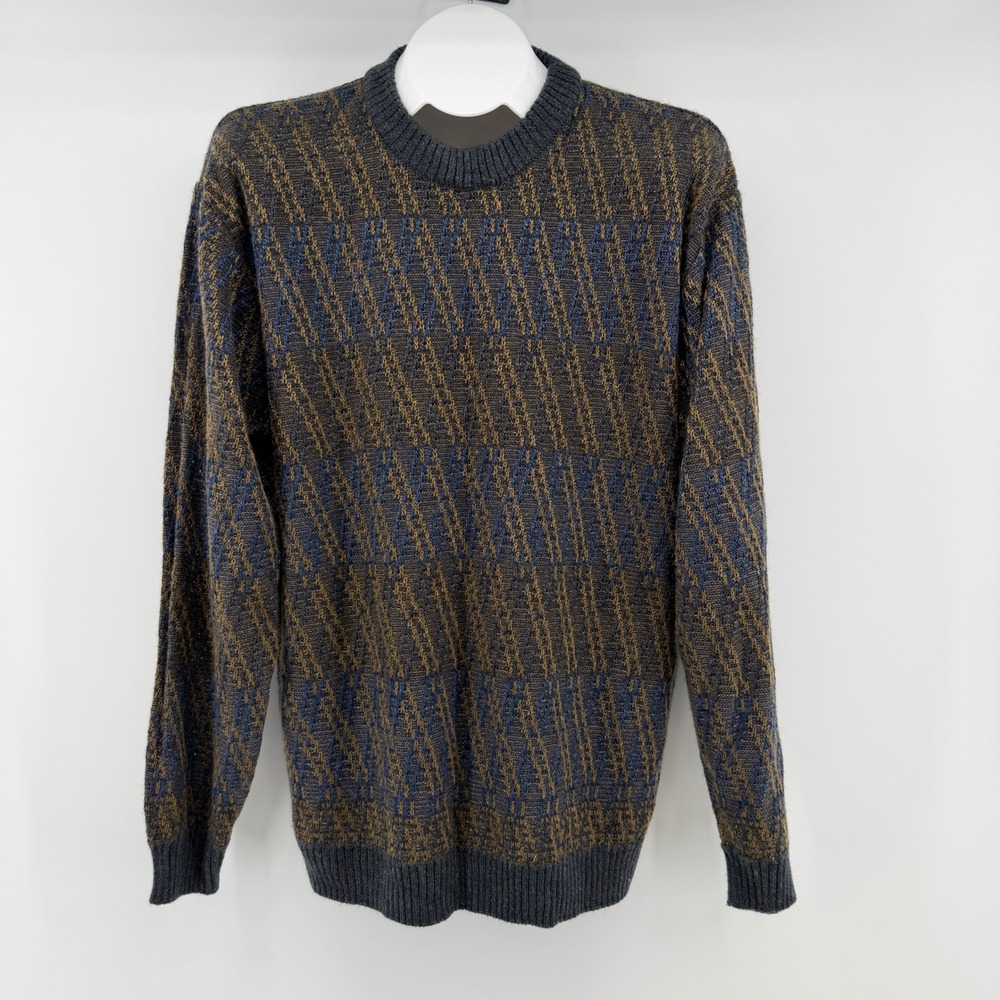 Munsingwear Geometric Knit Sweater Mens L Grey Blue Brown Vintage Crewneck
